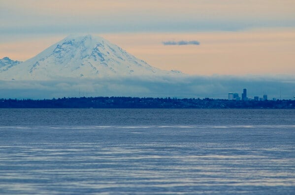 Seattle skyline and Mount Rainier as seen from Point No Point Lighthouse using my 300mm telephoto