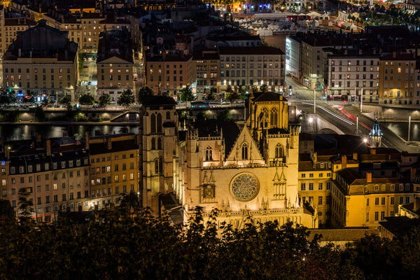 St-jean cathedral in Lyon by night view from the esplanade of the basilica of Fourviere.