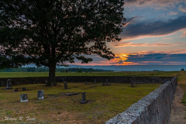 The cemetery dates back to the 18th century. This is shot looking west at sunset